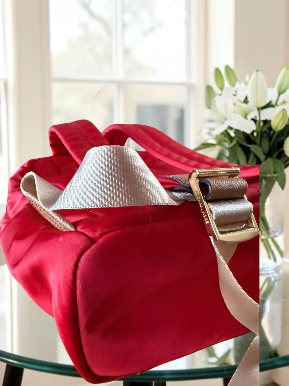 Michael Kors Kelsey Large Nylon Backpack – Bright Red & Gold EUC